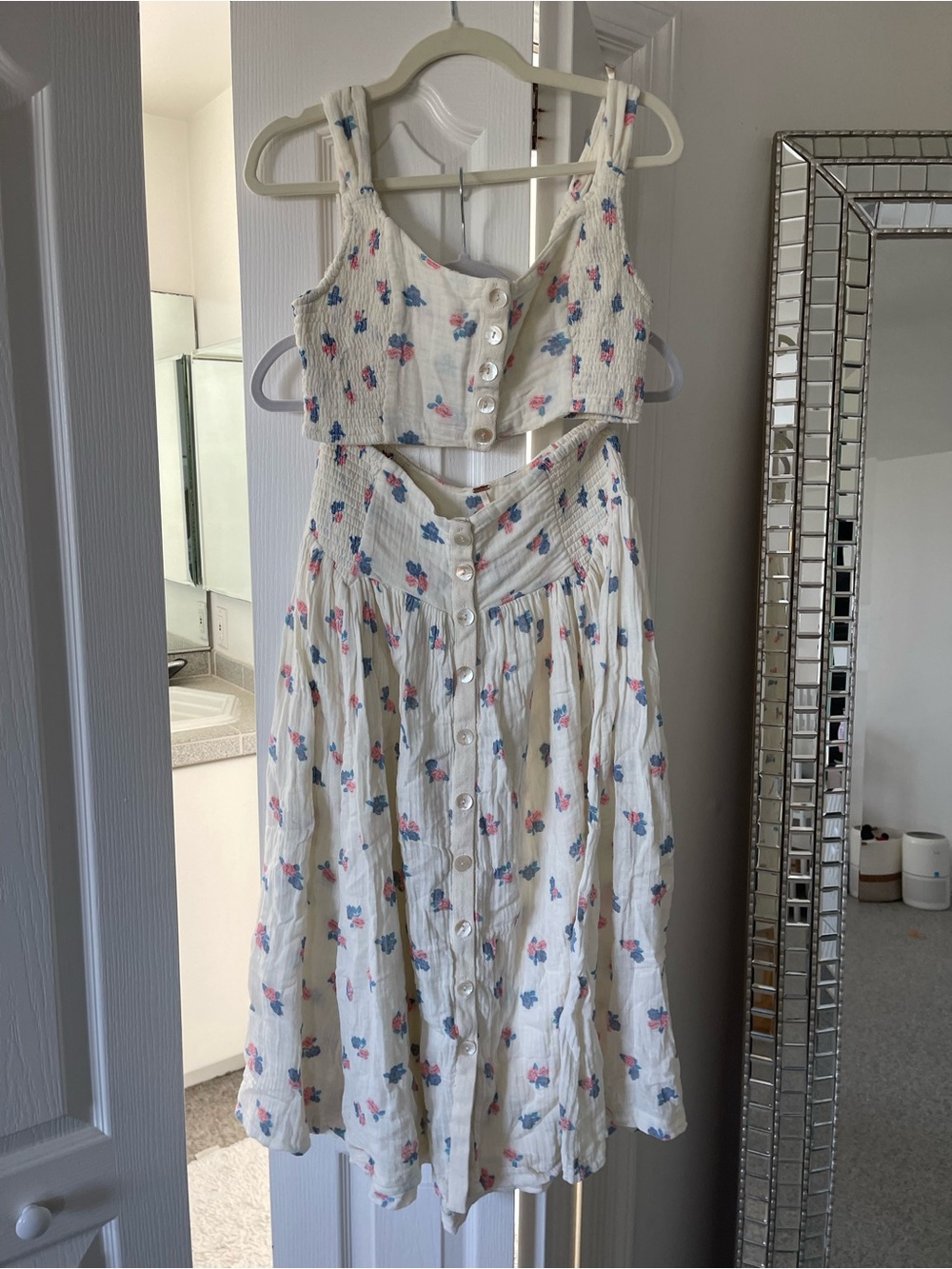 Free People White Floral Button-Front Skirt Set with Pink & Blue Accents